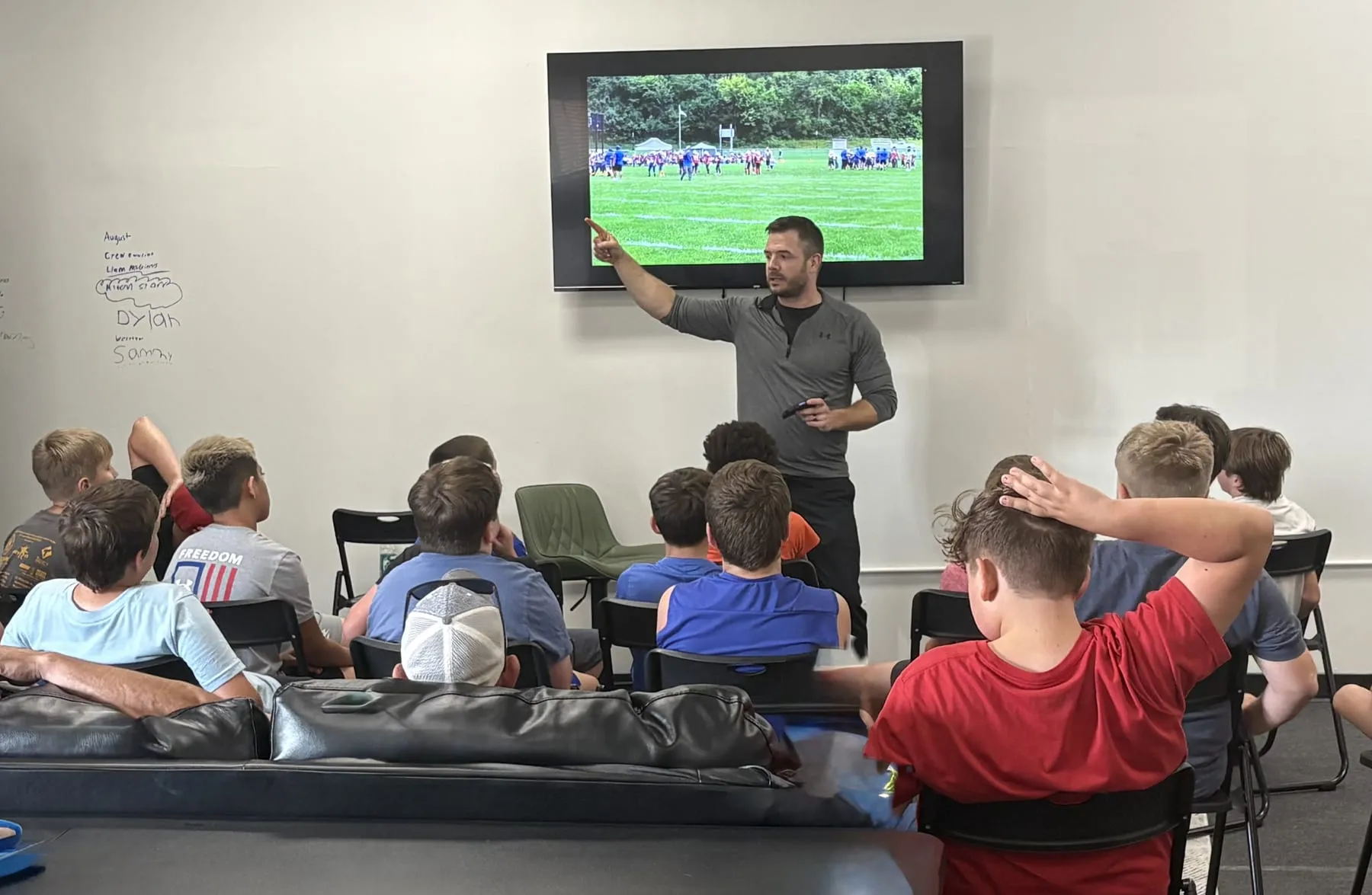 Coach reviewing game film with a group of athletes